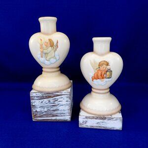 2 Hummel Goebel Angel Heart Shaped Ceramic Candle Holders / Candlesticks Vintage